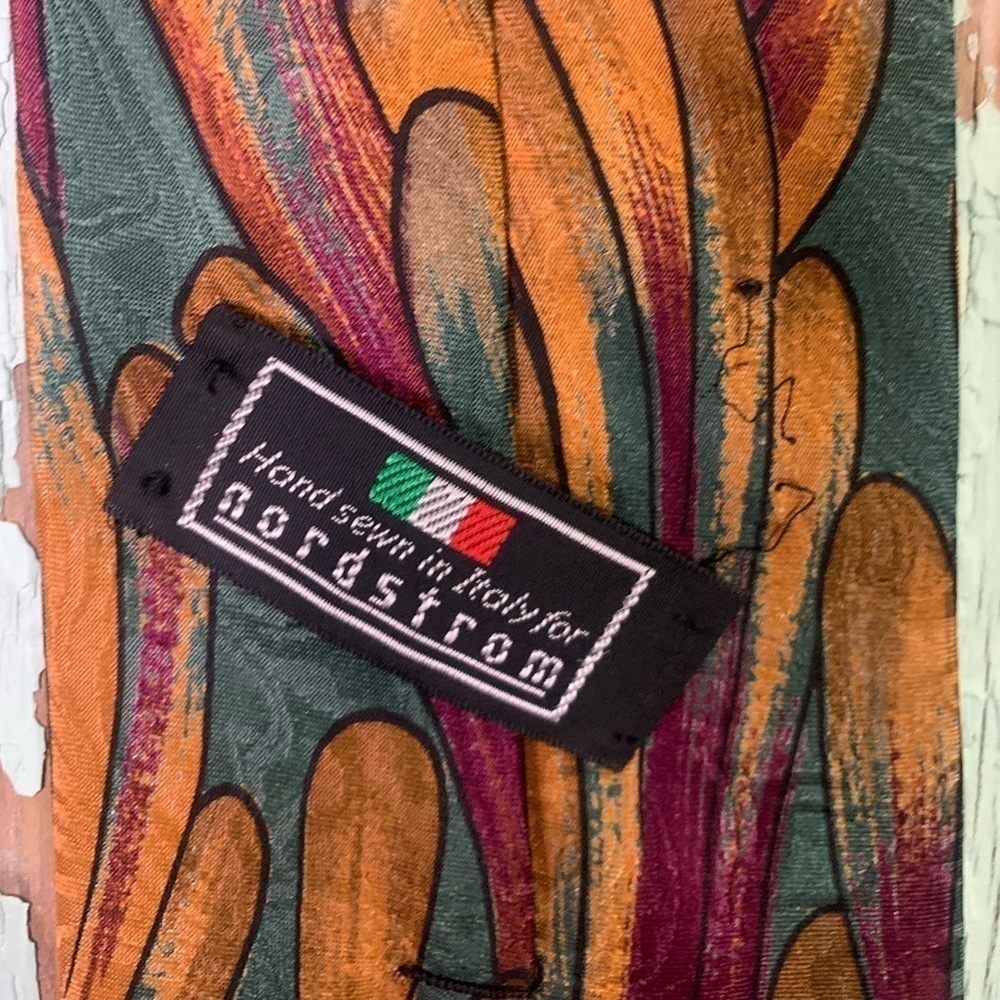 Men’s Nordstrom hand sewn retro orange and green 100% silk necktie - Picture 3 of 4